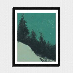 Art Print, Minimalist Night Sky Snowy Forest Landscape Painting